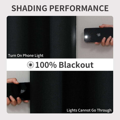 Joydeco black linen blackout curtains demonstrating 100% light blocking with phone light test.