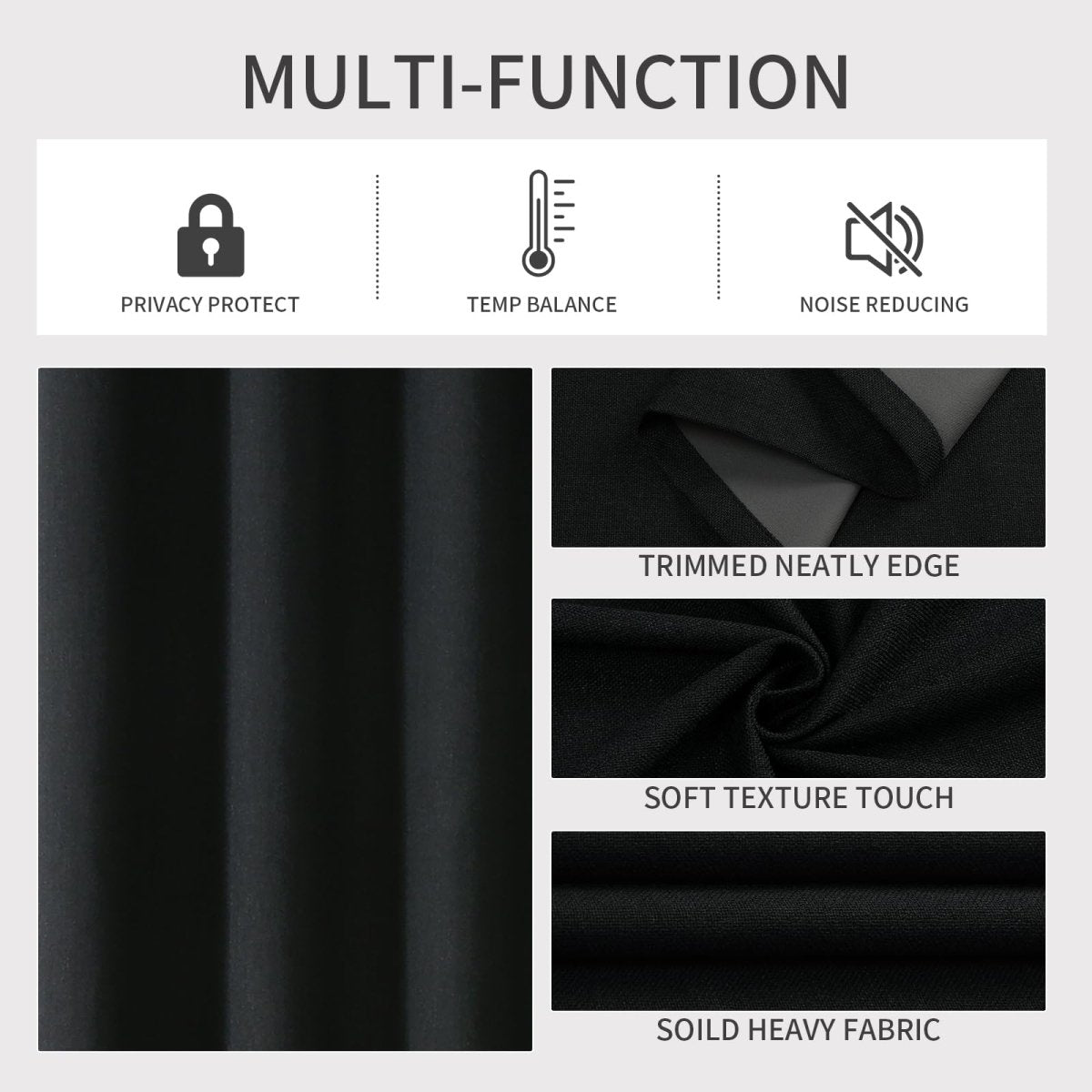 Joydeco black linen blackout curtain diagram: privacy, temp control, noise reduction. Fabric close-up shows soft texture.