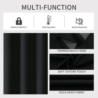 Joydeco black linen blackout curtain diagram: privacy, temp control, noise reduction. Fabric close-up shows soft texture.