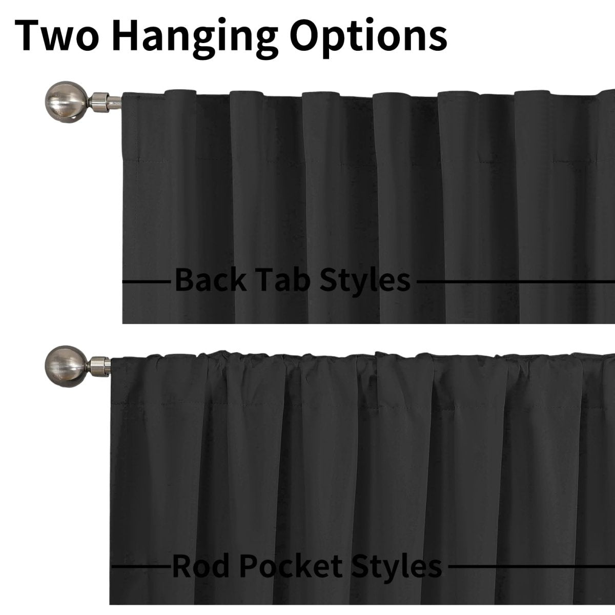 Joydeco black faux linen curtains show two hanging options: back tab and rod pocket styles on silver rods for room darkening.