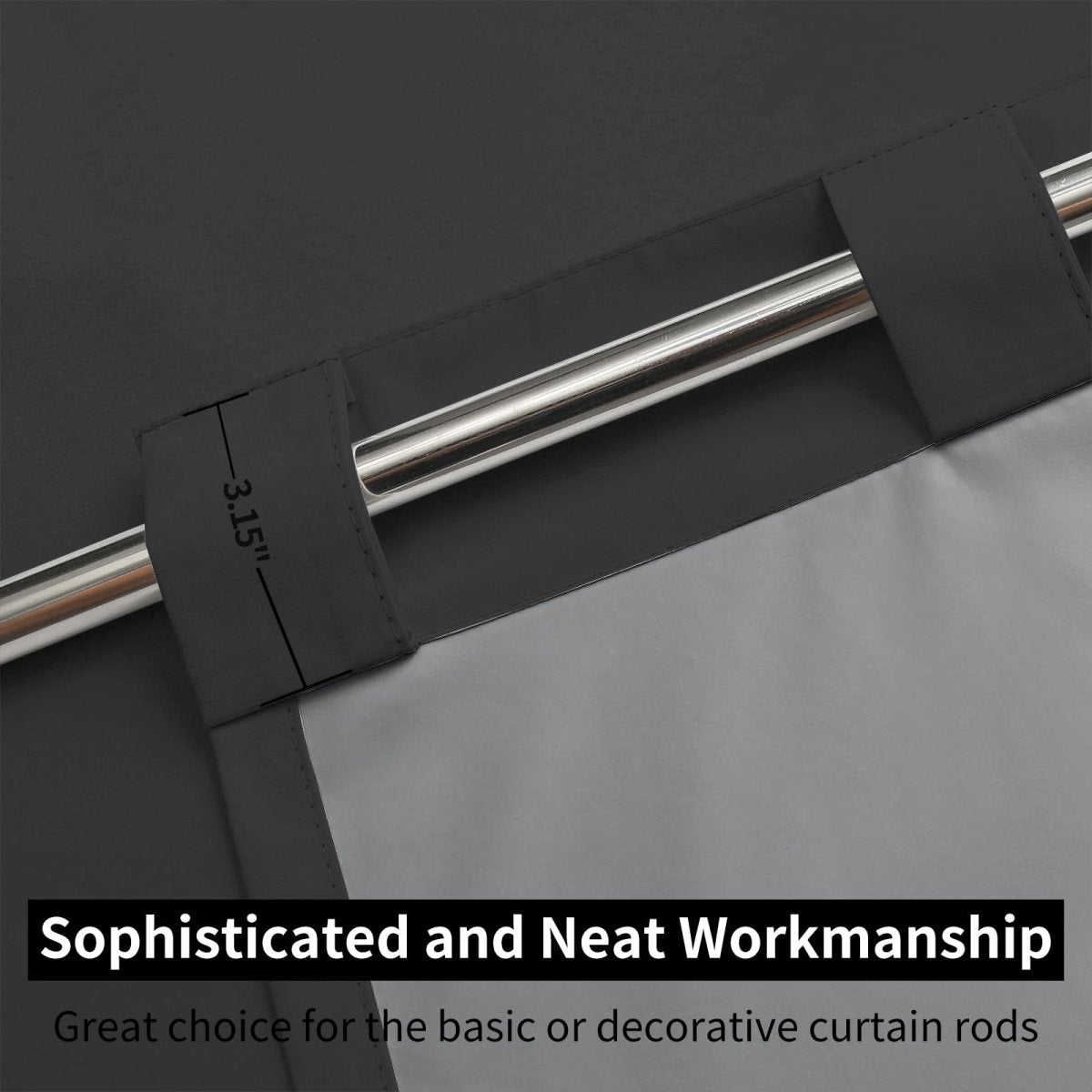 Joydeco black faux linen blackout curtain back tab showing 3.15 inch loop on rod, grey liner, highlighting construction.