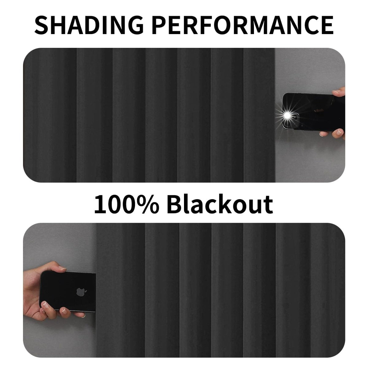 Joydeco black curtains show 100% blackout performance with phones testing light blockage.