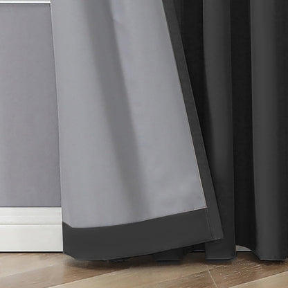 Joydeco black faux linen blackout curtain showing double-layer fabric and grey liner for room darkening.