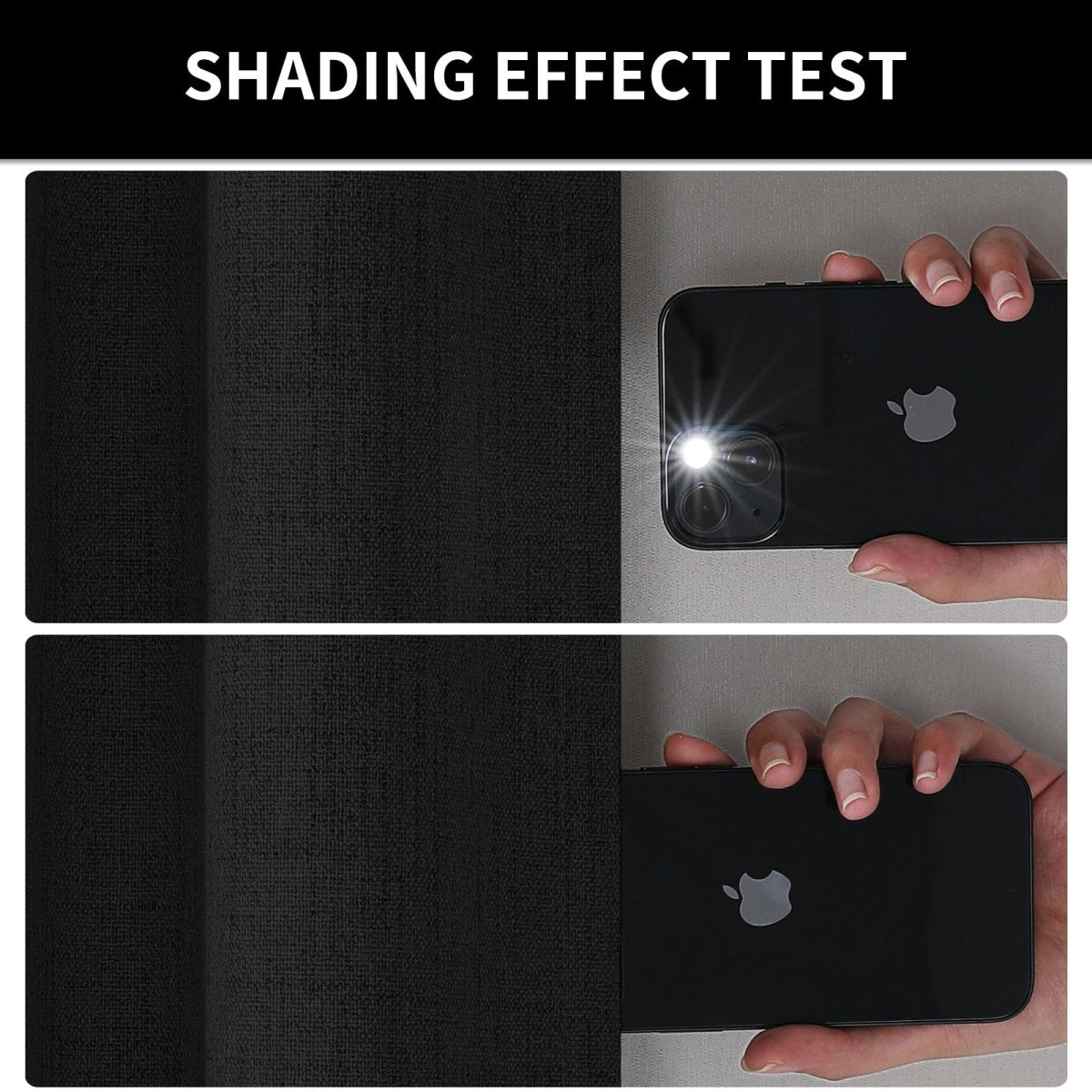 Joydeco black natural linen curtains show 100% blackout performance with flashlight test.