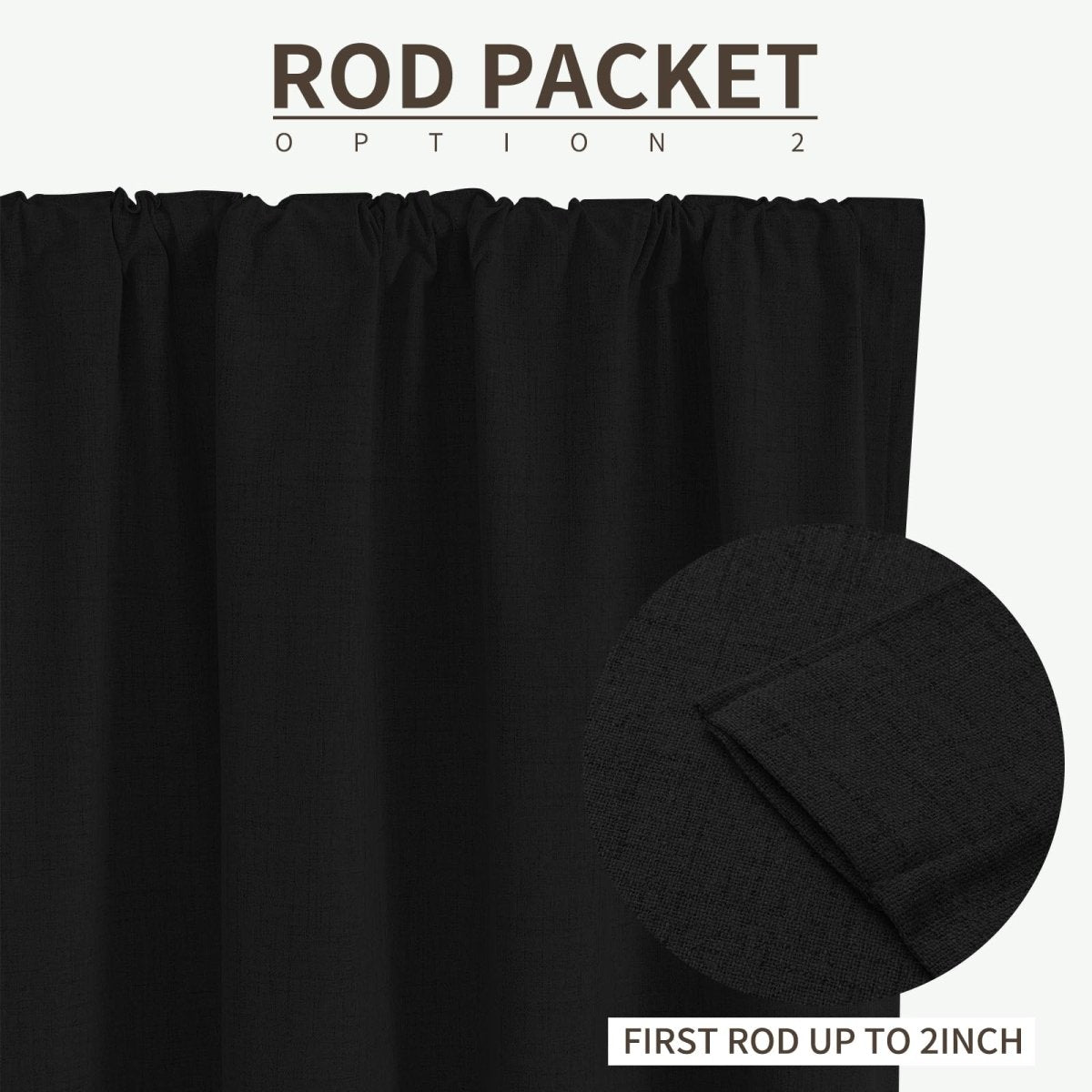 Joydeco black linen blackout curtain with rod pocket header, showing textured fabric and rod compatibility up to 2 inches.