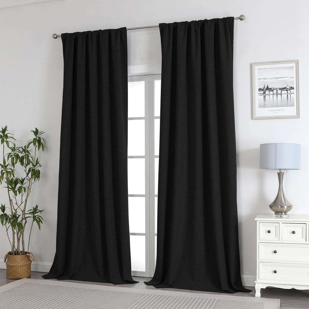 Black linen blackout curtains, 2 panels, for bedroom and living room ambiance, window darkening and thermal insulation.
