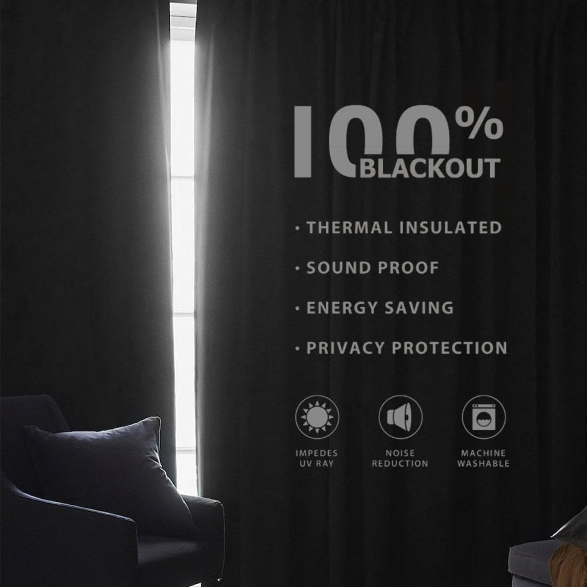Black linen 100% blackout curtains: thermal, soundproof, energy saving, privacy. Machine washable.