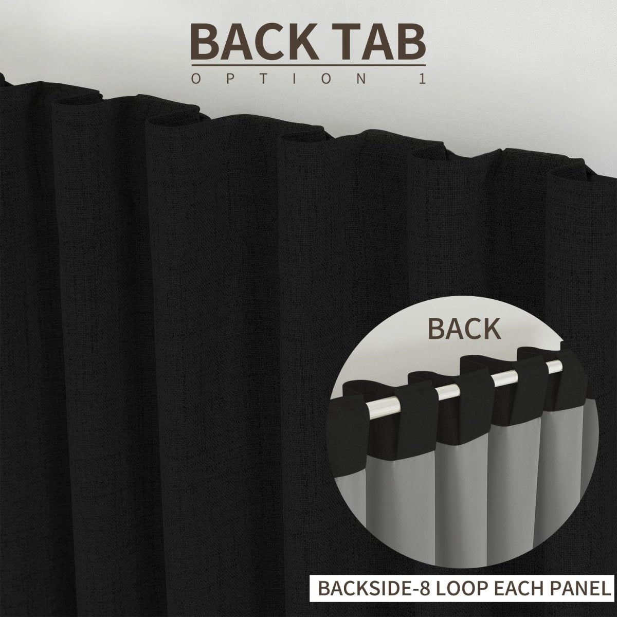 Close-up of black linen blackout curtain showing textured fabric and back tab option with 8 loops per panel for easy hanging.