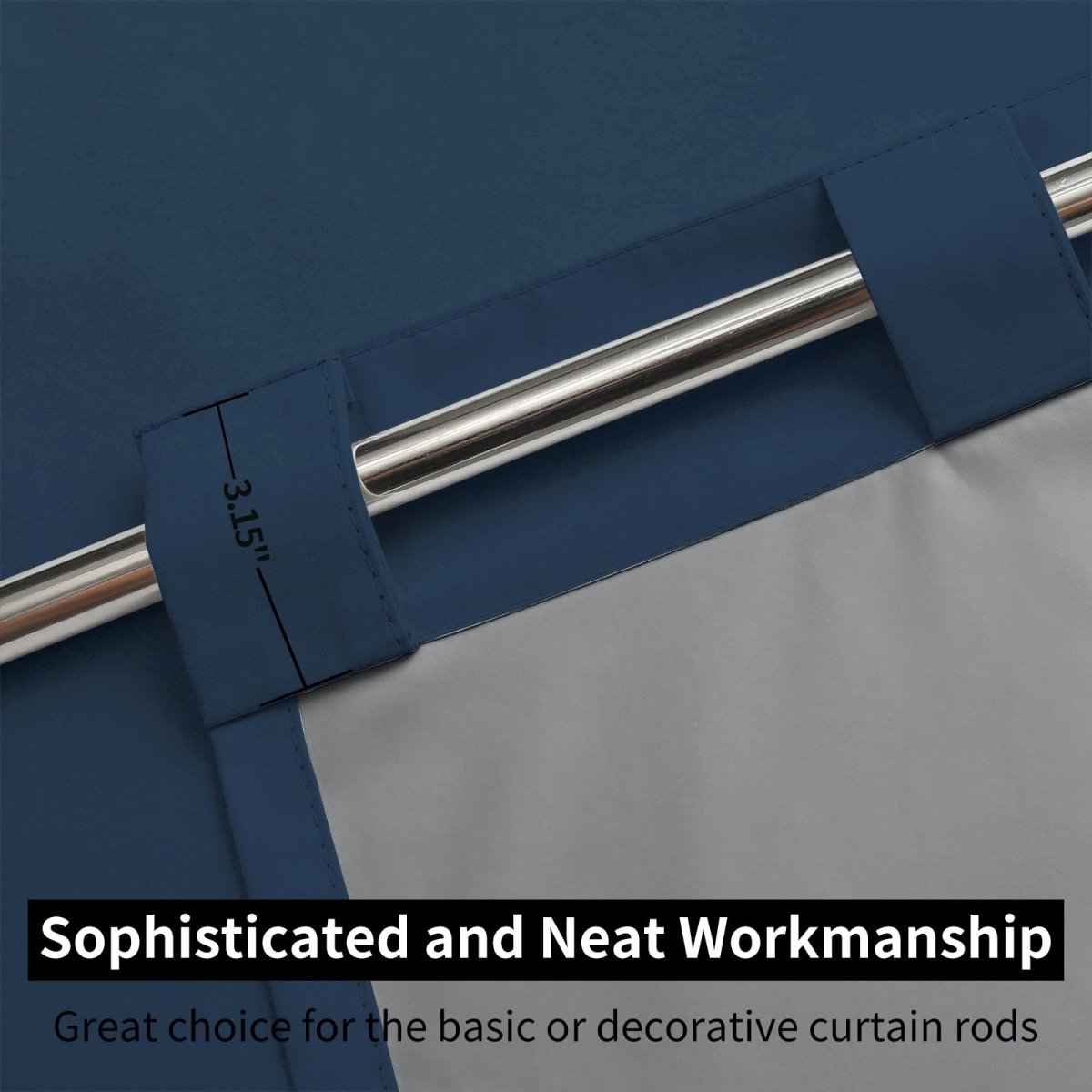 Joydeco deep blue blackout curtains showcase 3.15 inch back tabs on silver rod, highlighting neat workmanship.