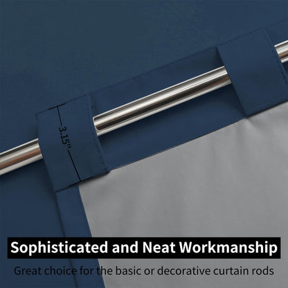 Joydeco deep blue blackout curtains showcase 3.15 inch back tabs on silver rod, highlighting neat workmanship.