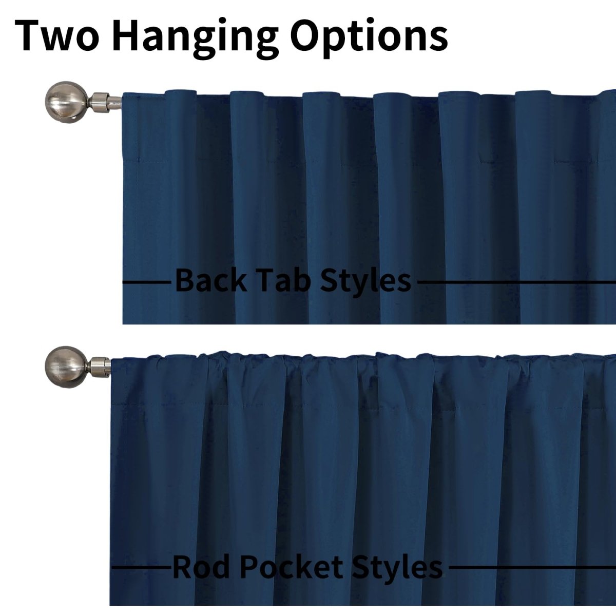 Joydeco deep blue curtains showcase two hanging options: back tab and rod pocket styles, on a silver rod.