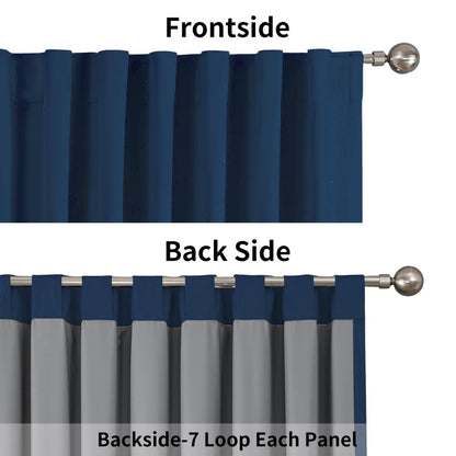 Joydeco deep blue blackout curtains front and back view on silver rod, showing 7 back tabs per panel.