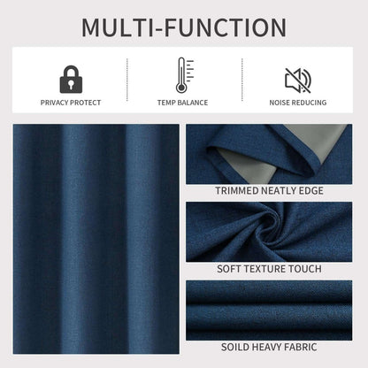 Joydeco denim blue linen blackout curtains collage: privacy, thermal, noise, fabric texture, edges.
