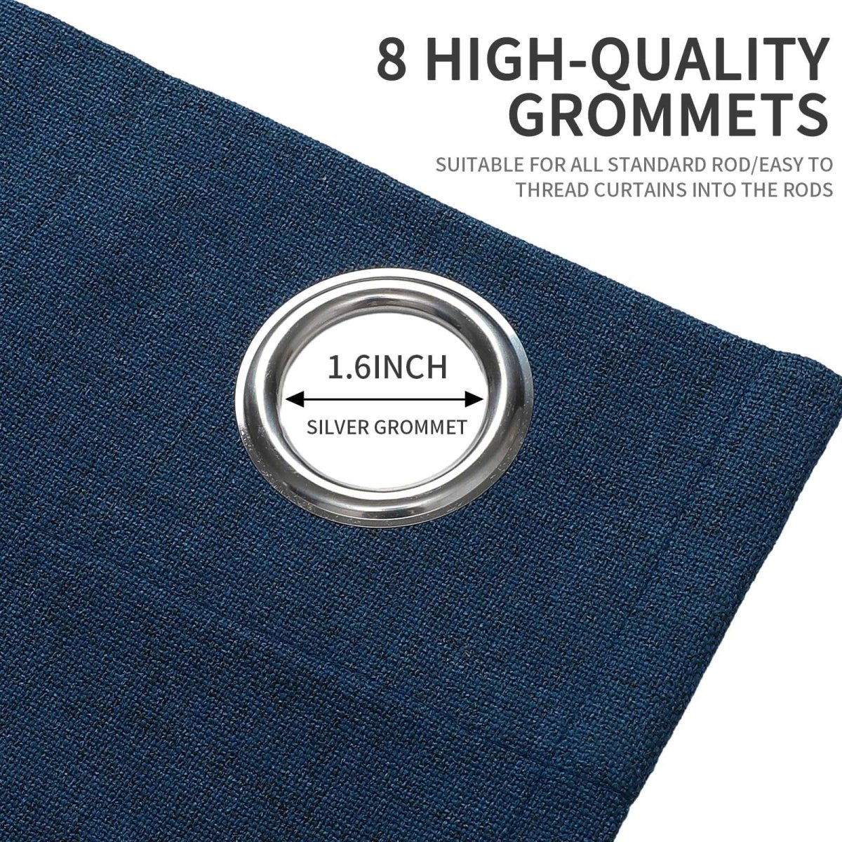 Joydeco denim blue linen curtain detail showing silver 1.6 inch grommet for easy rod threading.