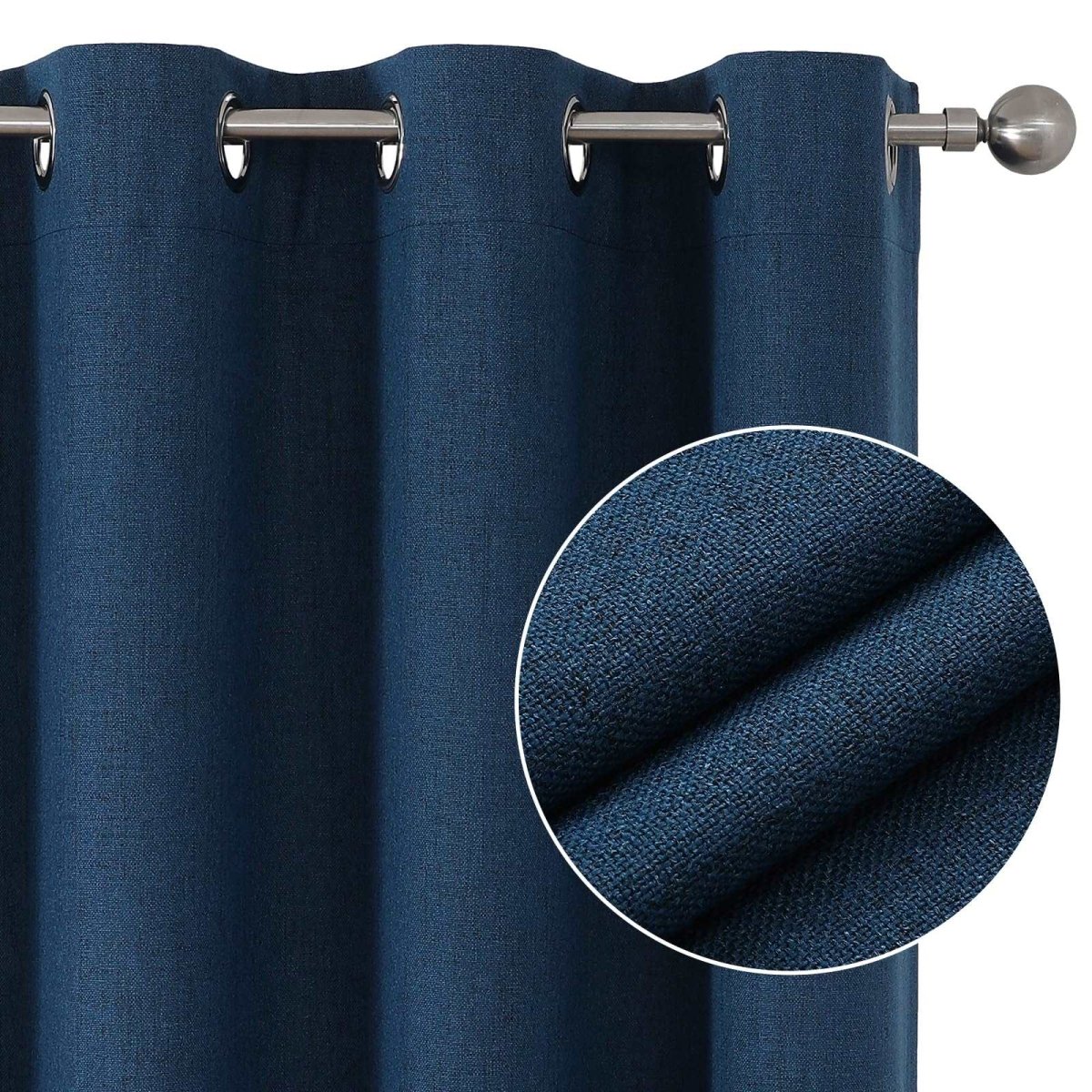 Joydeco denim blue linen blackout curtain panel with grommets and close-up texture detail on rod.