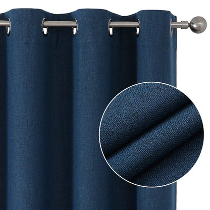 Joydeco denim blue linen blackout curtain panel with grommets and close-up texture detail on rod.