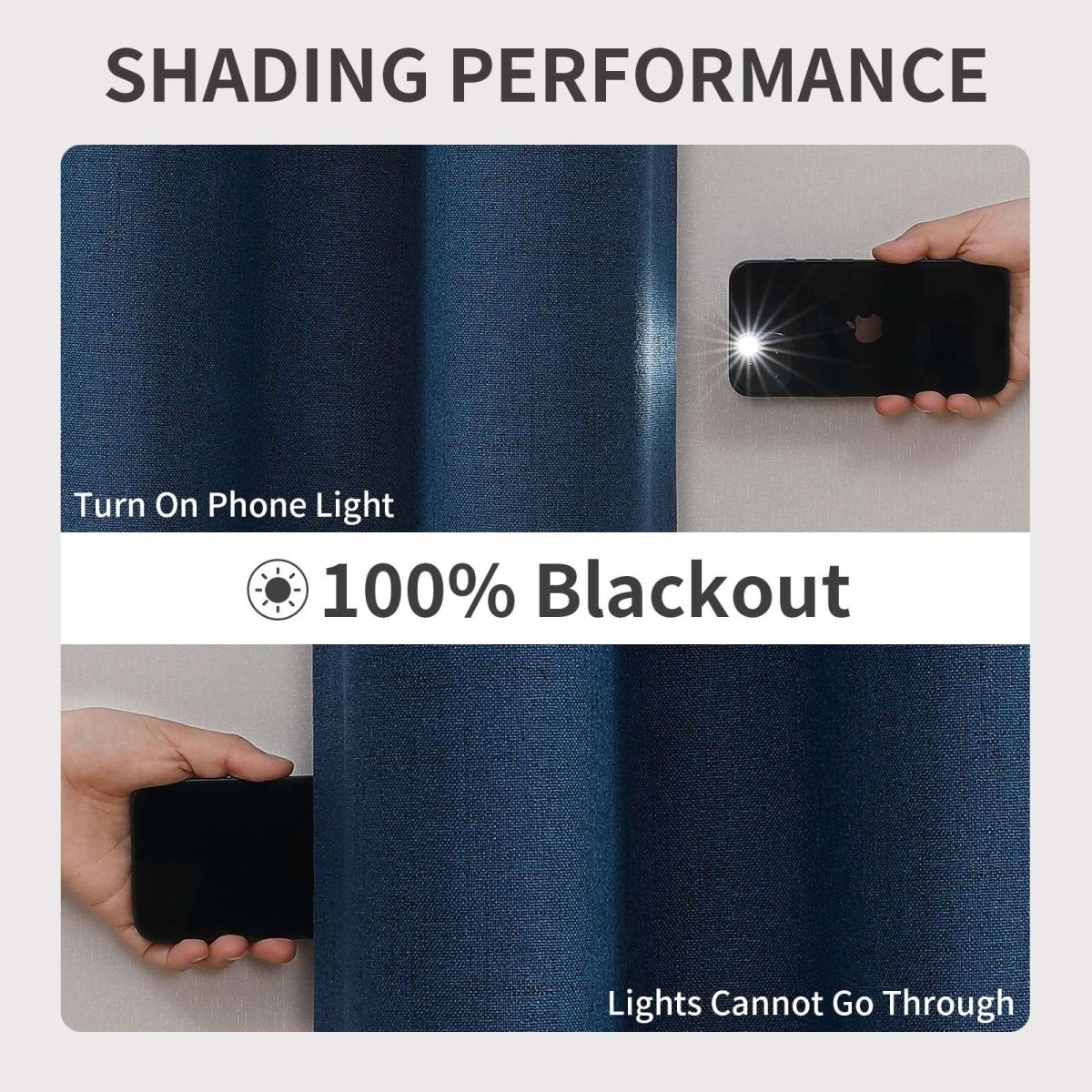 Joydeco denim blue linen curtains 100% blackout performance test with phone light showing no light penetration.