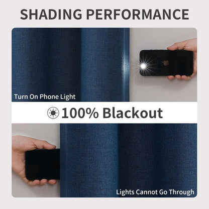 Joydeco denim blue linen curtains 100% blackout performance test with phone light showing no light penetration.