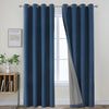 Joydeco denim blue linen blackout curtains with grommets, one panel pulled back showing gray lining.