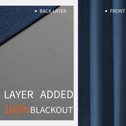 Joydeco denim blue curtain layers: gray back layer with "100% BLACKOUT" text, textured front layer.