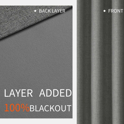 Grey linen blackout curtain layers, showing textured front and 100% blackout lining construction.