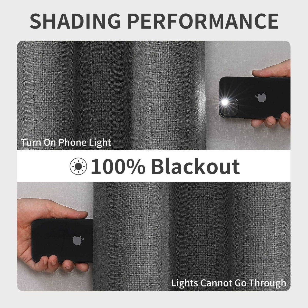 Grey linen blackout curtains: 100% light blocking test with phone flashlight showing no light passes through.