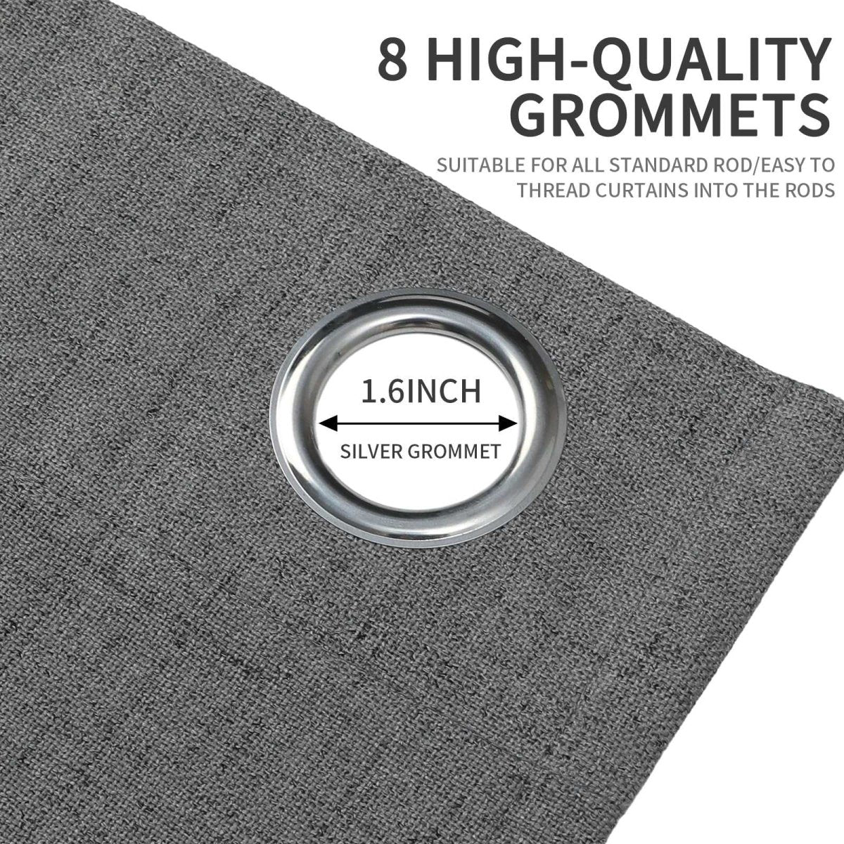 Grey linen curtain features 1.6-inch silver grommets for easy rod hanging.