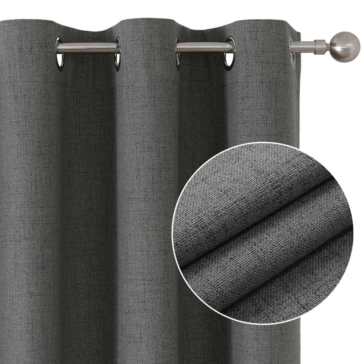 Close-up of dark grey textured linen blackout curtains with grommets on a silver rod. Inset shows fabric detail.