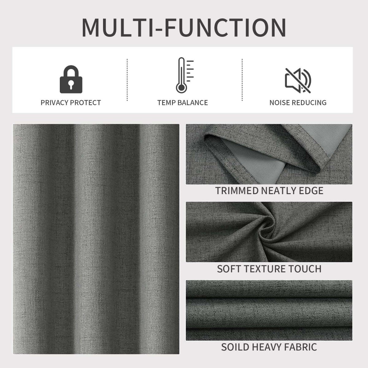 Grey linen blackout curtains: privacy, temp balance, noise reducing. Fabric texture & edges shown.