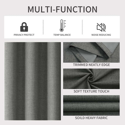 Grey linen blackout curtains: privacy, temp balance, noise reducing. Fabric texture & edges shown.