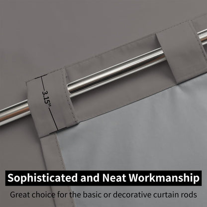 Close-up of grey Joydeco curtains showing 3.15-inch back tabs on a silver rod, highlighting craftsmanship.