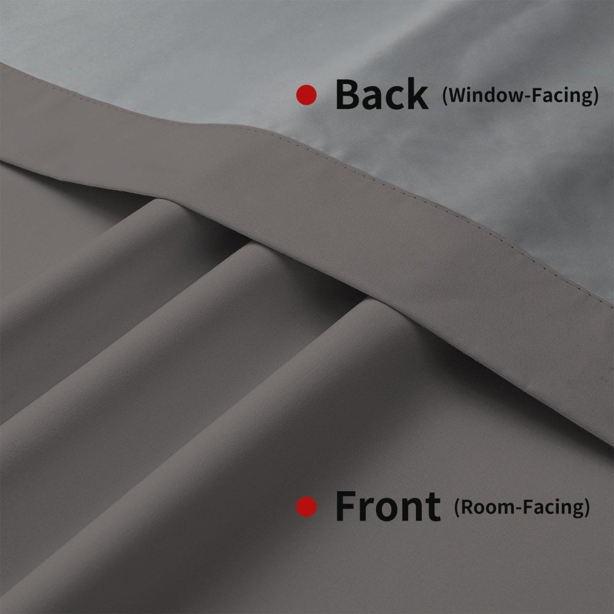 Close up of grey Joydeco blackout curtain fabric, showing smooth front and textured back for room and window.