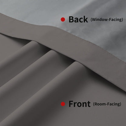 Close up of grey Joydeco blackout curtain fabric, showing smooth front and textured back for room and window.