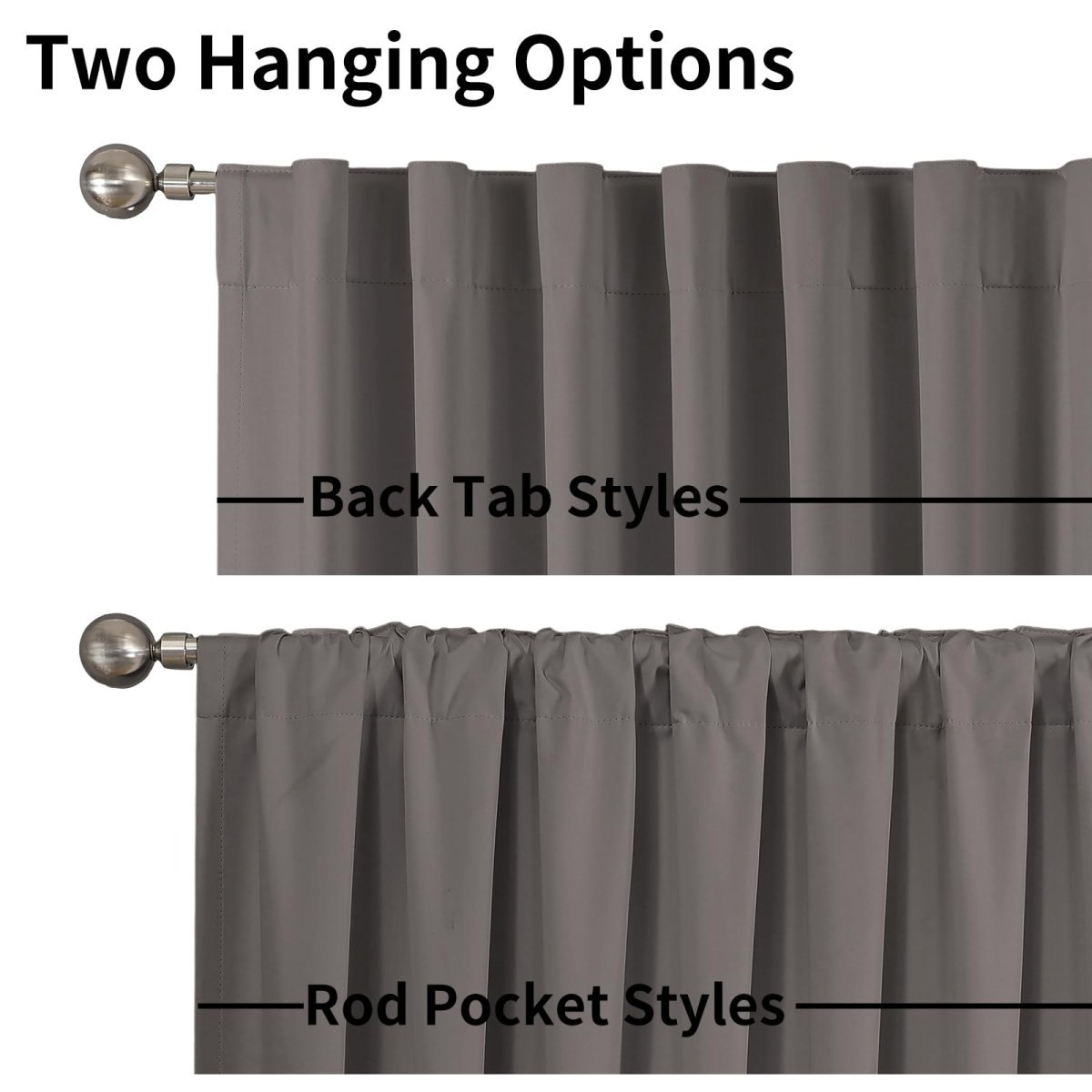 Joydeco grey blackout curtains showing back tab and rod pocket hanging options on silver rods.