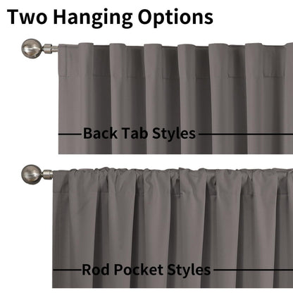 Joydeco grey blackout curtains showing back tab and rod pocket hanging options on silver rods.