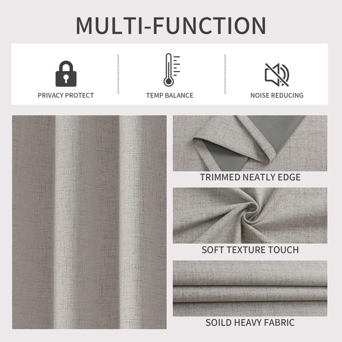 Joydeco beige linen blackout curtains: textured fabric, neat edges, privacy, temp balance & noise reducing features.