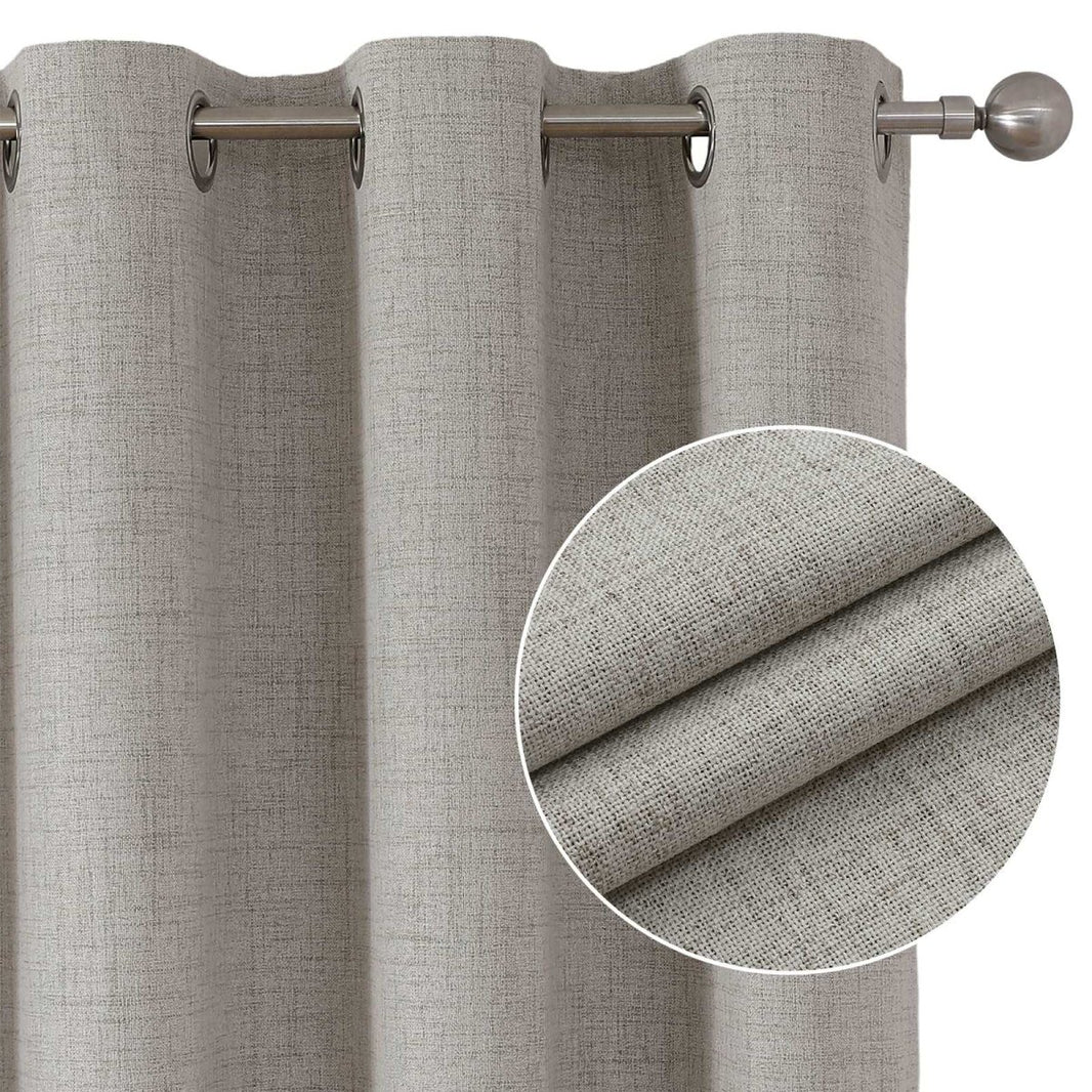 Joydeco beige faux linen blackout curtains with grommets, showcasing texture and dual-layer design.
