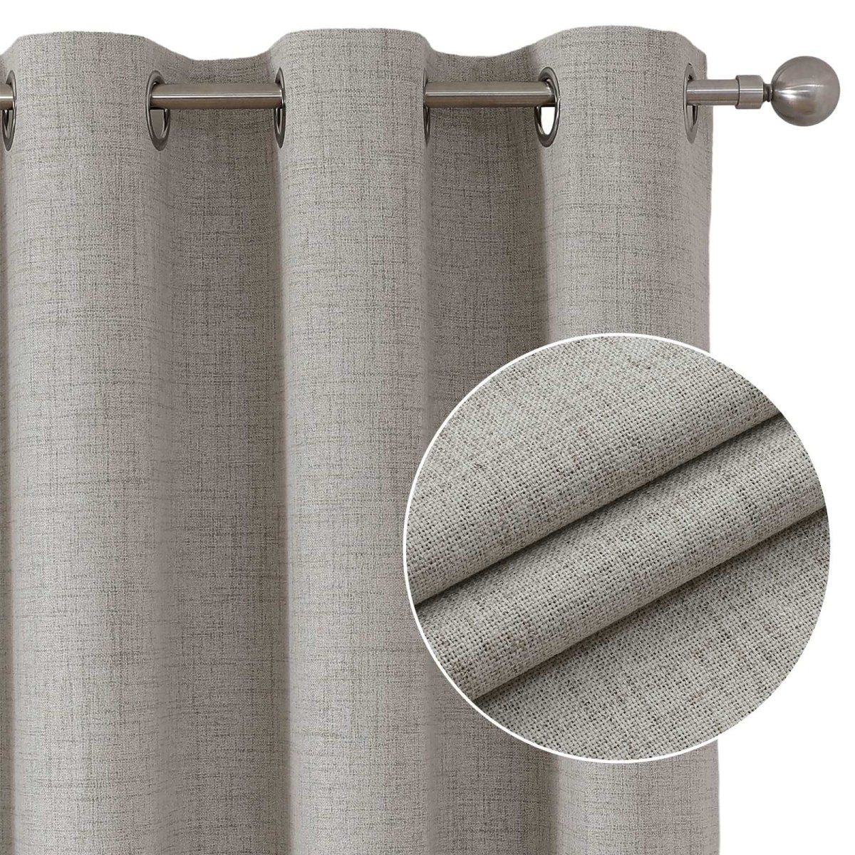 Joydeco beige faux linen blackout curtains with grommets, showcasing texture and dual-layer design.