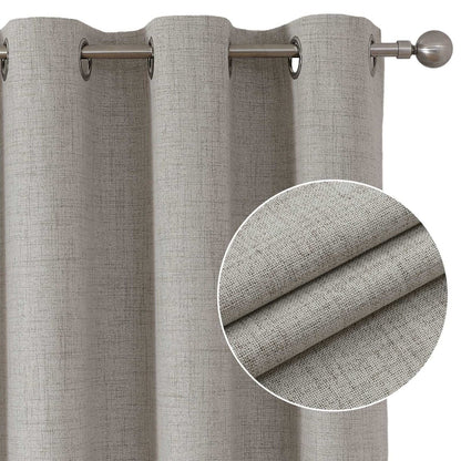 Joydeco beige faux linen blackout curtains with grommets, showcasing texture and dual-layer design.