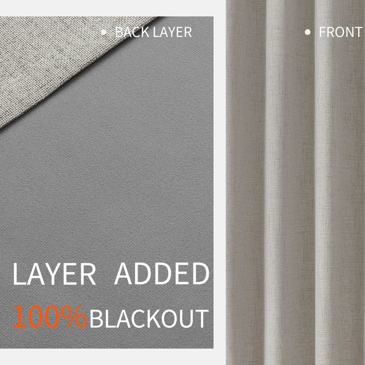 Joydeco faux linen blackout curtains: dual-layer for 100% blackout. Front & back layer detail.