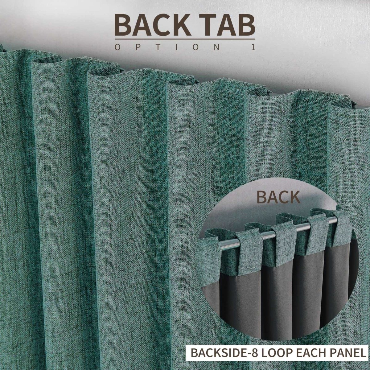 Hunter green textured linen blackout curtains with back tab hanging option, 8 loops per panel shown.