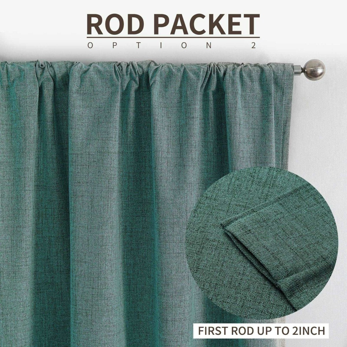 Hunter green textured linen blackout curtains with rod pocket hanging option on a silver rod.