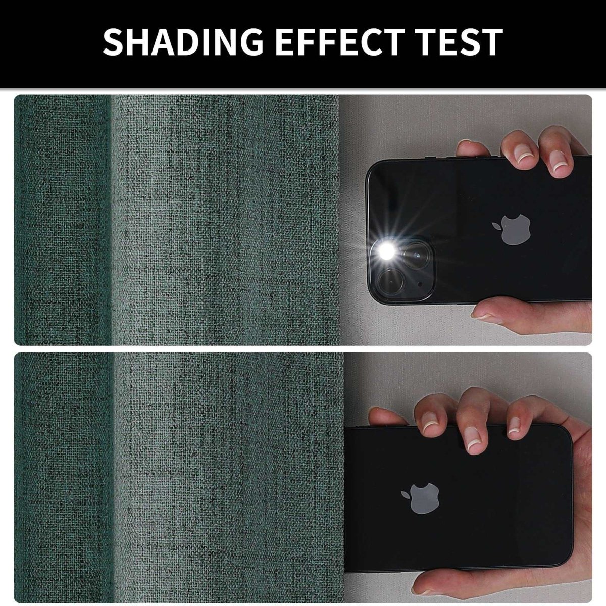 Hunter green blackout curtains light blocking test. Phone flashlight behind fabric shows 100% darkness. Energy saving.