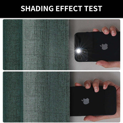 Hunter green blackout curtains light blocking test. Phone flashlight behind fabric shows 100% darkness. Energy saving.