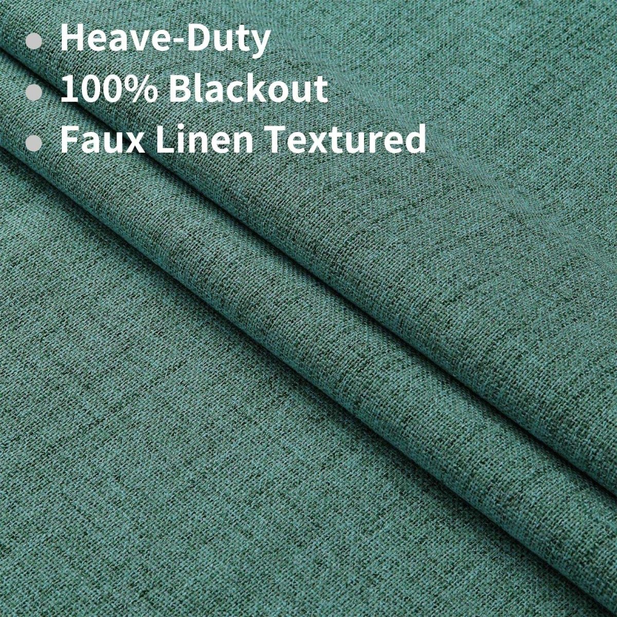 Hunter green faux linen textured fabric, 100% blackout curtains for living room.