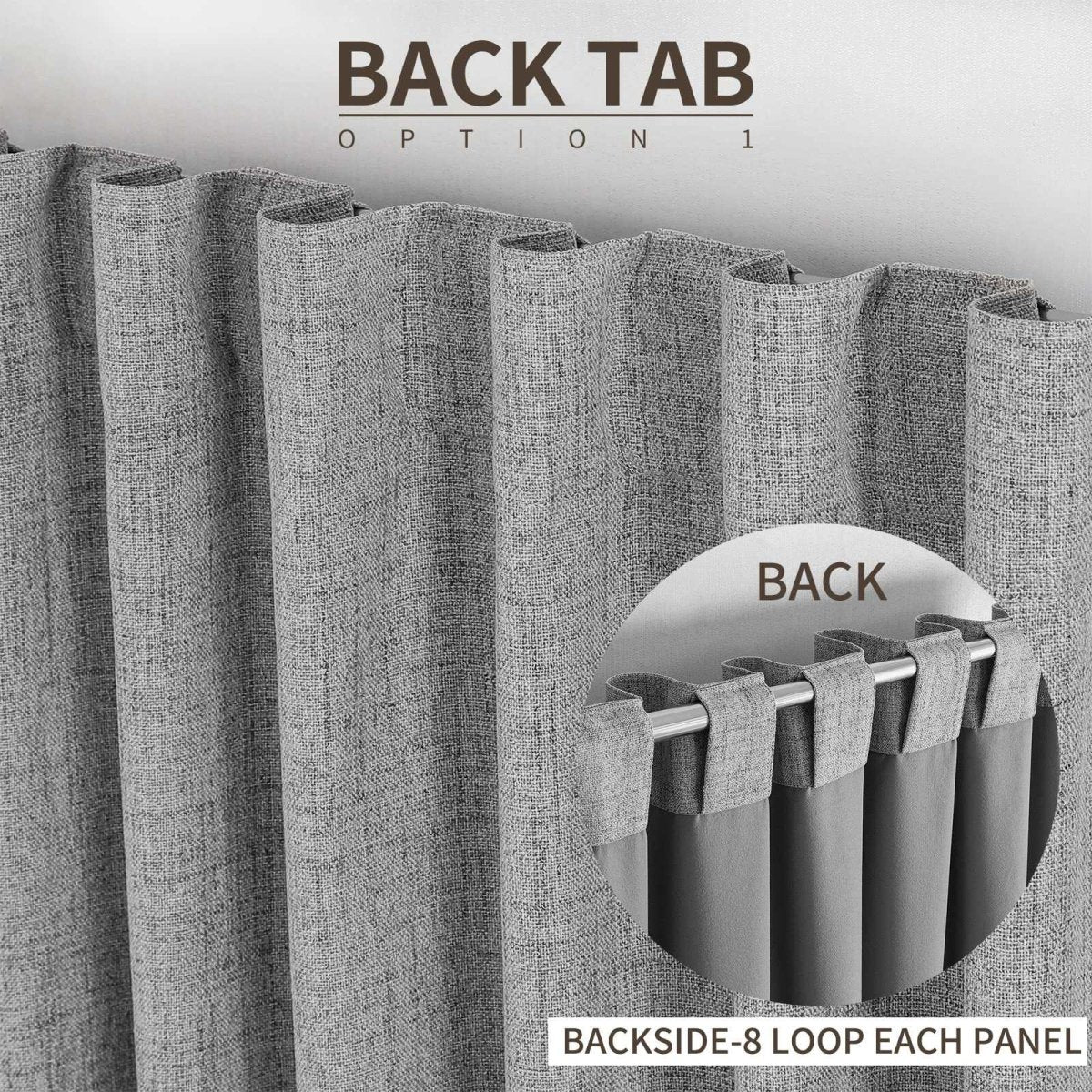 Joydeco light grey linen blackout curtains, close-up of textured weave and back tab hanging option with loops on rod.