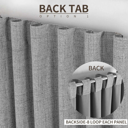 Joydeco light grey linen blackout curtains, close-up of textured weave and back tab hanging option with loops on rod.