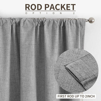 Joydeco light grey faux linen curtains with rod pocket detail on silver rod, textured fabric.
