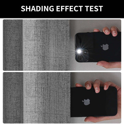 Joydeco Light Grey Linen Curtains blackout test: flashlight visible (top) vs blocked (bottom), showing 100% blackout feature.