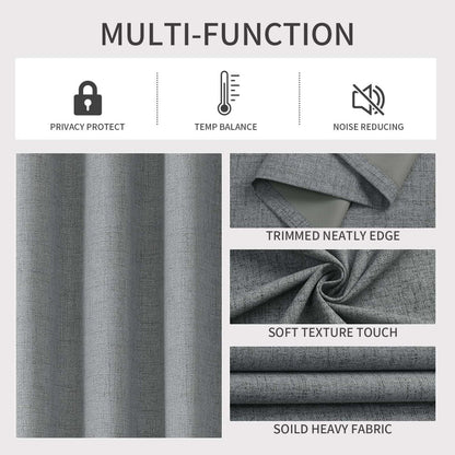Light grey textured blackout curtains: privacy, temp balance, noise reduction, neat edge, soft, heavy fabric.